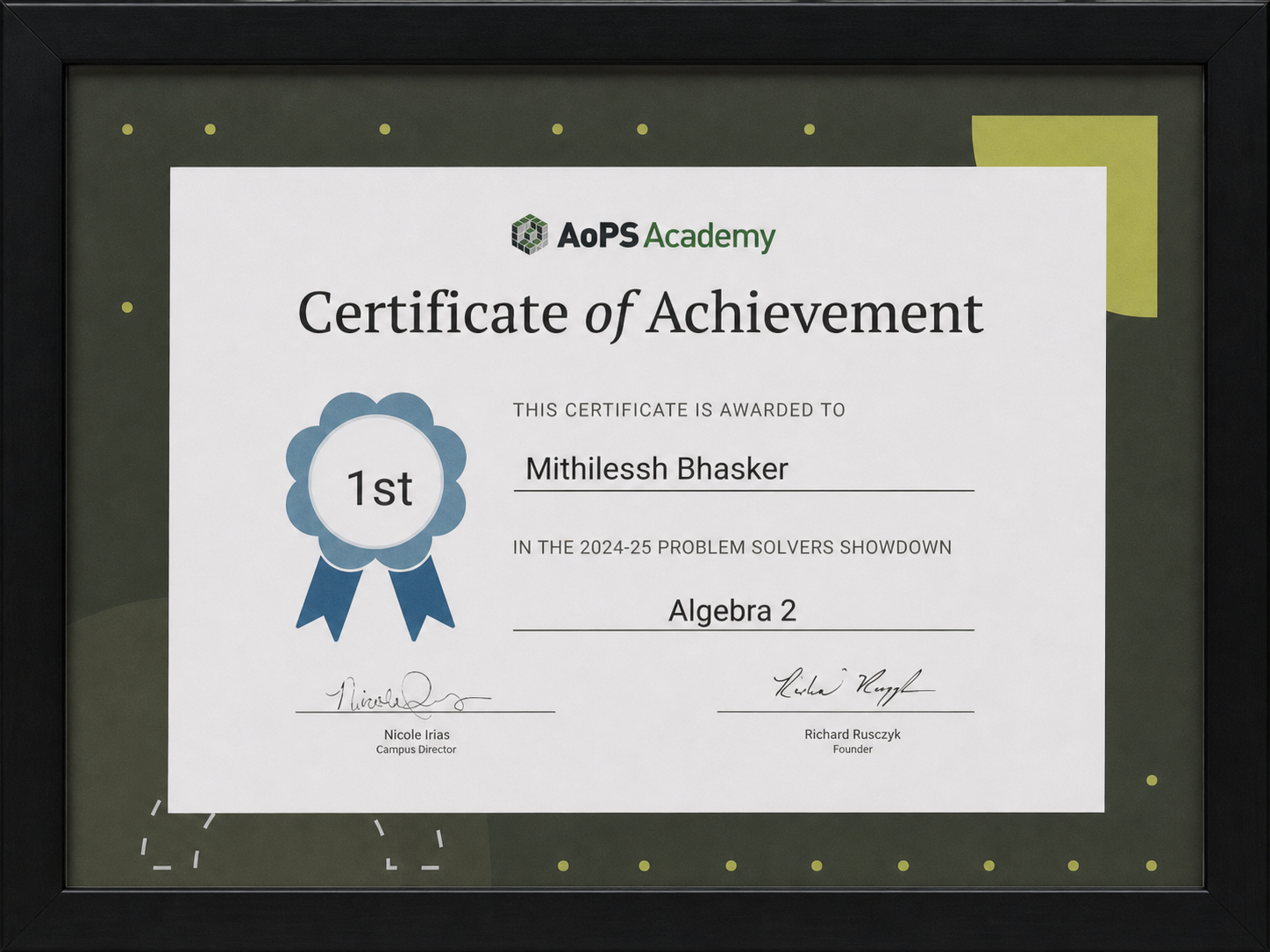 AoPS Academy Algebra 2 Problem Solvers Showdown first place certificate
