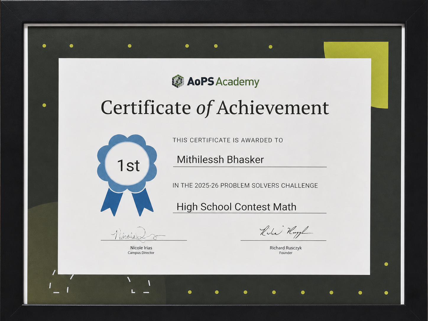 AoPS Academy High School Contest Math Problem Solvers Challenge first place certificate
