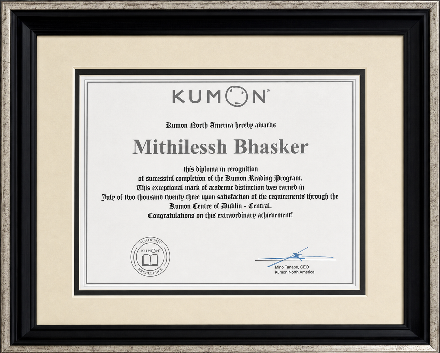 Kumon Reading Program completion diploma awarded to Mithilessh Bhasker