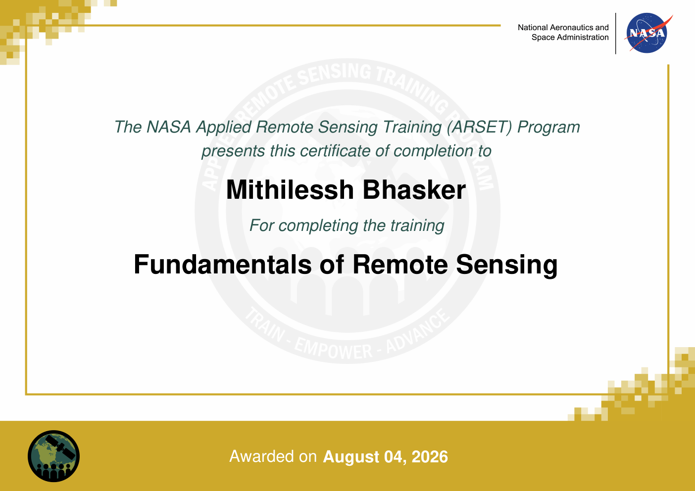NASA ARSET Fundamentals of Remote Sensing certificate awarded to Mithilessh Bhasker
